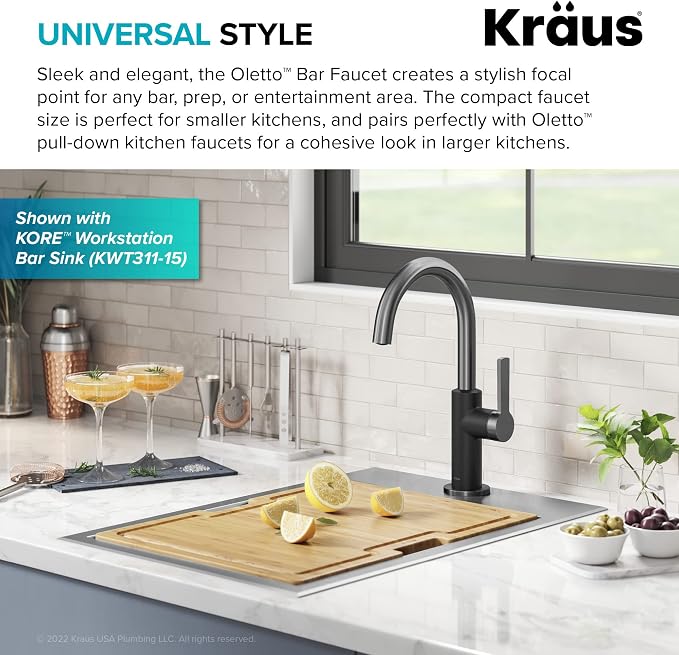 Kraus Oletto Single Handle Kitchen Bar Faucet in Matte Black/Spot Free Black - Image 3
