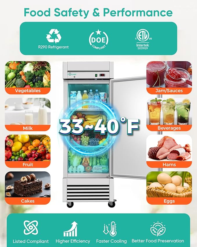 COOLCHEF 27" Commercial Refrigerator, 23 Cu. Ft Stainless Steel Upright Reach-in Fridge, 33℉~40℉, 3 Adjustable Shelves