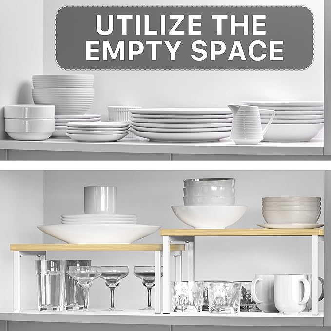 Simple Houseware Expandable Stackable Cabinet and Counter Shelf Organizer with Wooden Surface, 7.6'' D x 11.75'' W x 6.1'' H, Oak