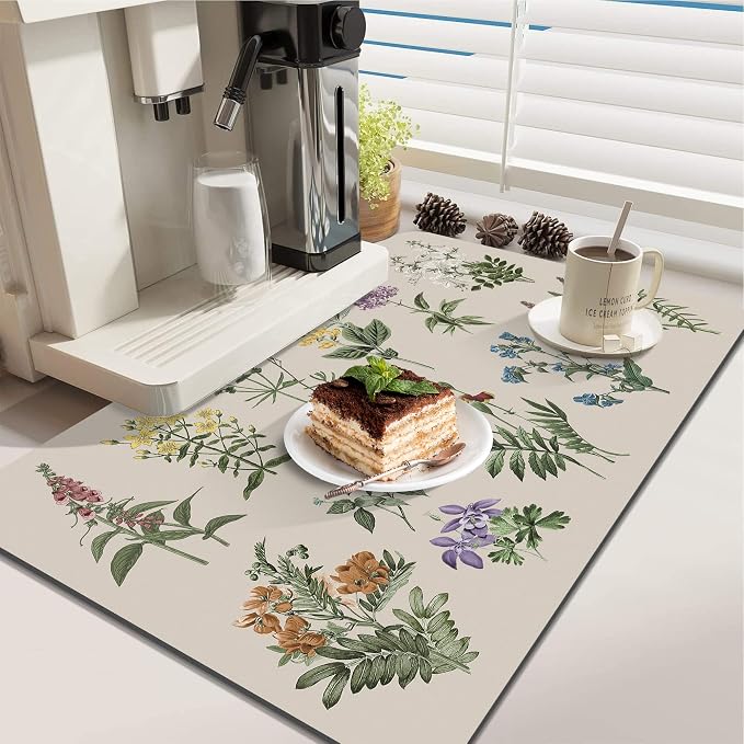 LOKHOM 16"x24" Dish Drying Mat，Vintage Sage Flower Herb Coffee Mat | Ultra - Image 3