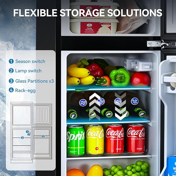 4.0 Cu.Ft Fridge with Freezer, Double Door Refrigerator with 6 Level Thermostat, LED Light, Adjustable Glass Shelves for Bedroom, Office, Dorm, Apartment, Silver
