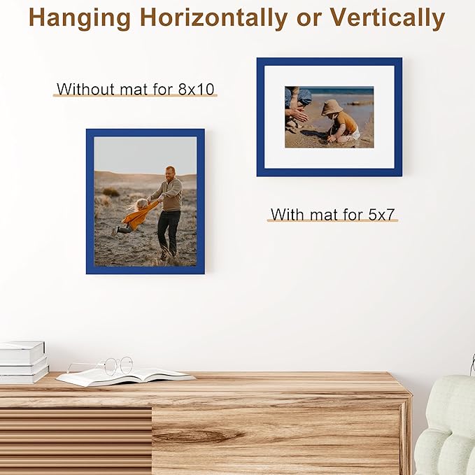 Vittanly 8x10 Picture Frame, Solid Wood Frame with Plexiglass, Includes 5x7 Mat, Wall Hanging or Tabletop for Home Decor, Royal Blue, 1 Pack