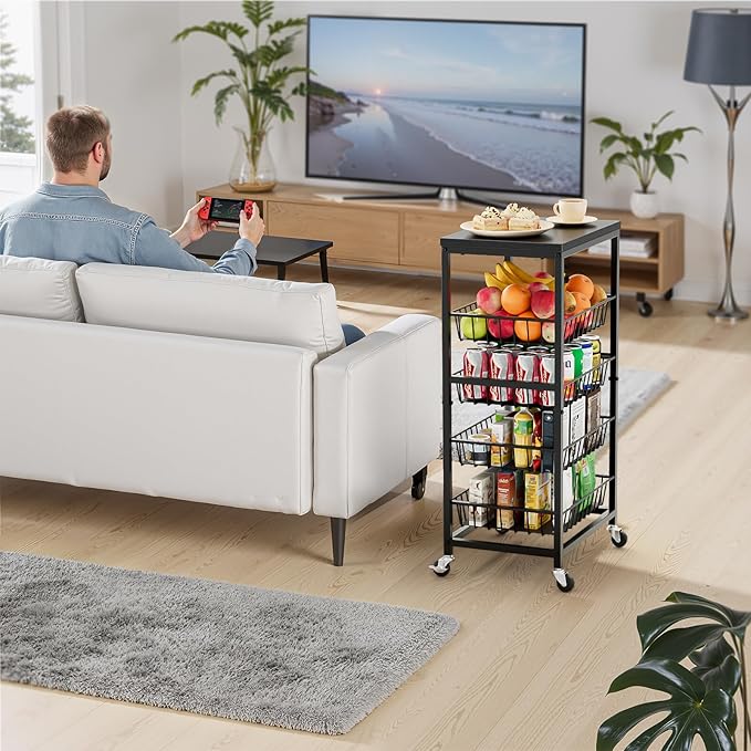 Snack Cart, 5-Tier Kitchen Carts on Wheels with Storage,Fruit Basket Stand with Pull-Out Baskets and Wood Top,Kitchen Organizer for Fruit Vegetable Snack (Black)