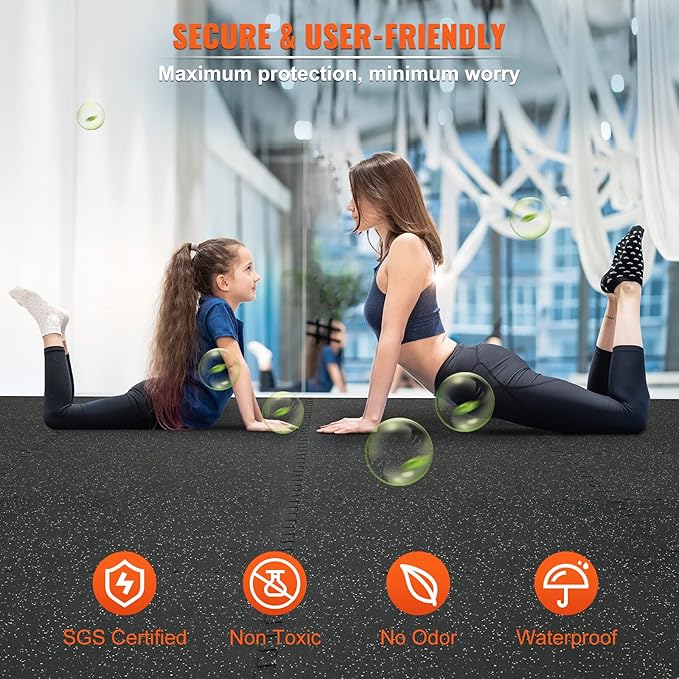 VEVOR 0.56Inch 24sq.ft 6 Tiles Gym Flooring for Home Gym, Rubber Top with High Density EVA Foam, 25 x 25In Gym Floor Exercise Equipment Mats, Interlocking Gym Mats, Puzzle Workout Mats, Black & Gray