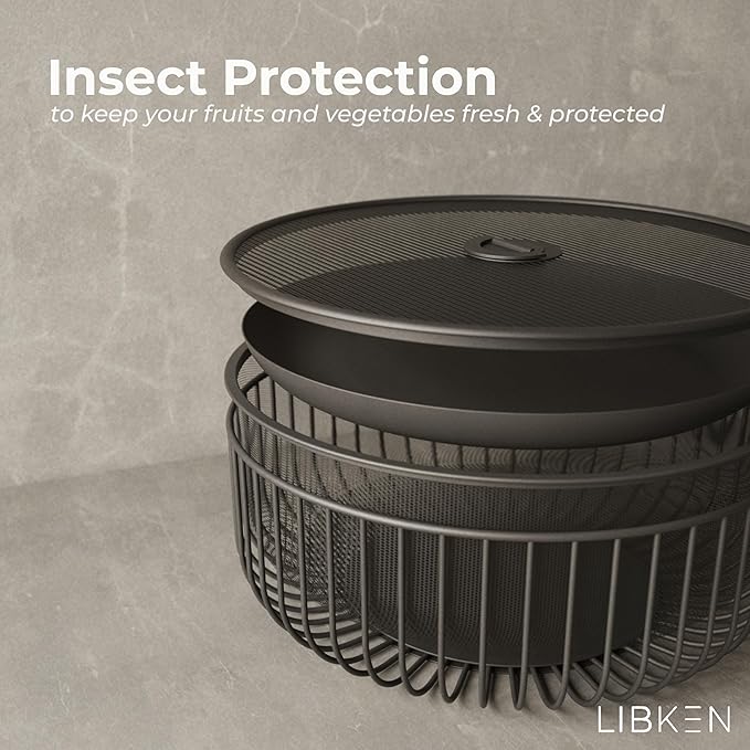 Metal Fruit Bowl with Mesh Lid and Basket - Fruit and Vegetable Holder For Kitchen Counter - Countertop Display Baskets Organizer - Bowl Storage for Veggie, Fruits, Snack, and Banana - Black