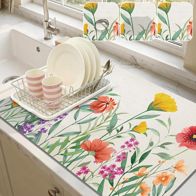 LOKHOM 18"x24" Dish Drying Mat，Colorful Floral Coffee Mat | Ultra Absorbent by LOKHOM