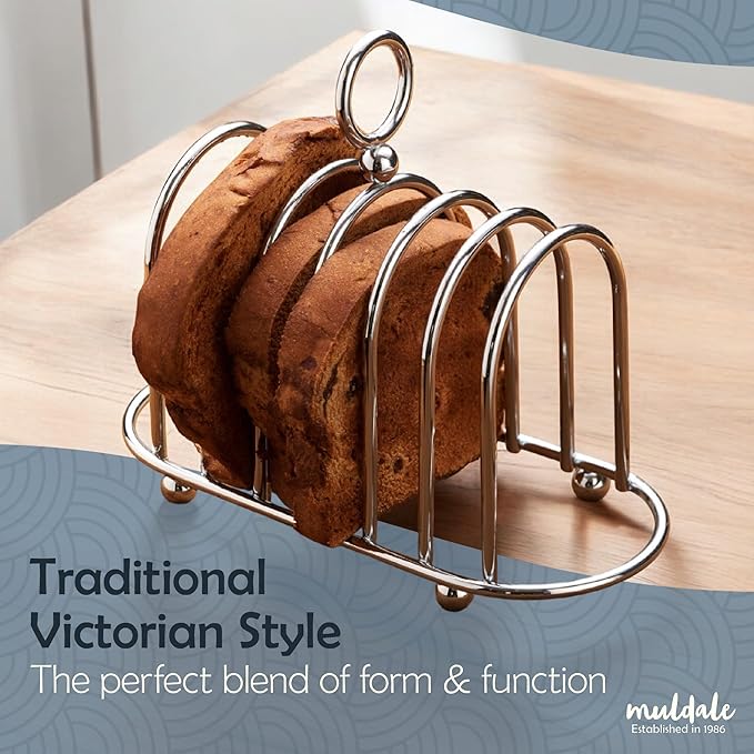 Muldale Toast Rack English Style - Victorian Chrome Holder for 6 Slices - Vintage Sturdy Stainless Steel Toast Stand with Ball Feet - British Caddy - 0.5" Wide Gap