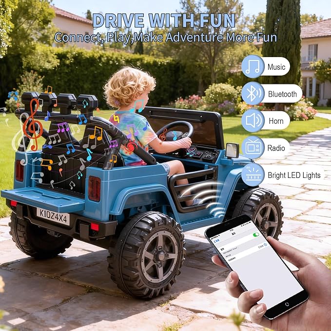 Kids 24V 2-Seater Electric Ride On Car, 4x4 Ride On Truck w/Remote Control, 4-Wheeler Suspension, 3 Speeds, Led Lights, Bluetooth, Ride on Car Toy for Kids Ages 3-8, Lake Blue