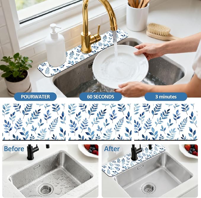 2 Pcs Kitchen Sink Splash Guard Faucet Mat Watercolor Blue Leaves Faucet Mat - Image 5