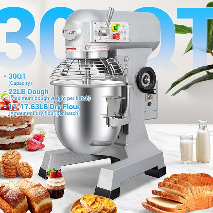 30 Qt 1250W Commercial Food Mixer, Commercial mixer 3 Speeds Adjustable Heavy Duty Stand Mixer with Stainless Steel Bowl for Bakery Pizzeria.