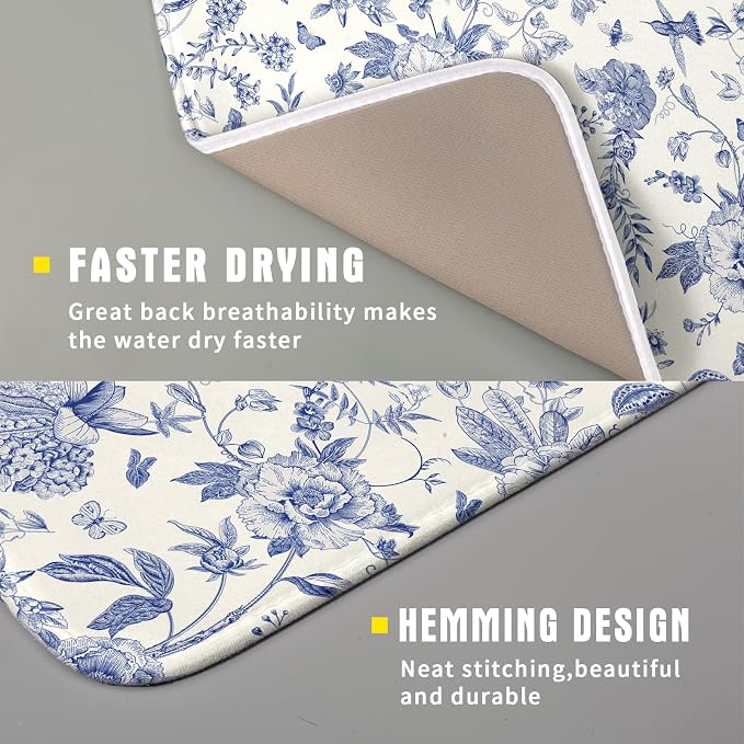Giwawa Chinoiserie Flower Dish Drying Mat Blue Leaves Dishes Drying Pad - Image 3