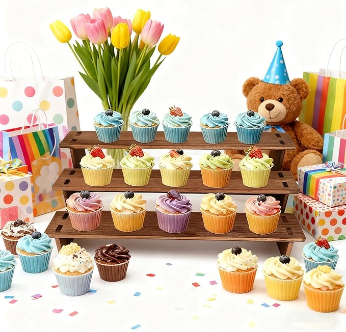 3 Tier Cupcake Stand Wood - Wooden Cupcake Display Stand, Rustic Wooden Riser, Display Shelf for Vendors, Cup Cake, Dessert, Spice Rack, Candles, Matcha Station, Install in 30s