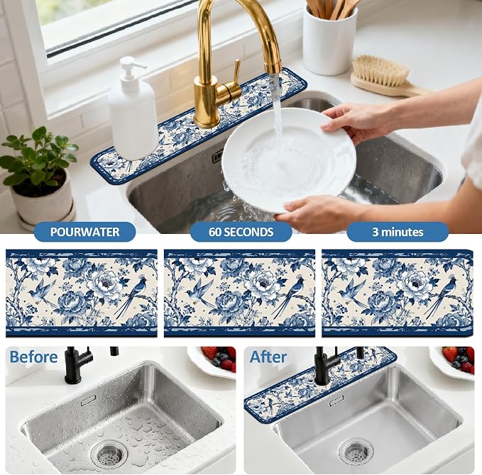 2 Pcs Kitchen Sink Splash Guard Faucet Mat Vintage Porcelain Flowers and Birds - Image 5