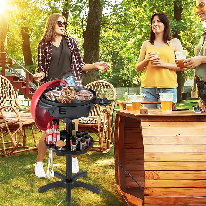 Giantex Electric Grill Outdoor, 1200W Electric BBQ Grills Outdoor Cooking with Lid & Thermometer, Nonstick Griddle, Drip Tray, 2-in-1 Freestanding & Tabletop Grill for Apartments Backyard Party, Red