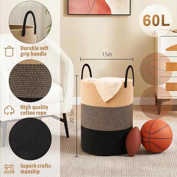 Artfeel Laundry Basket, Woven Cotton Rope Laundry Hamper, 60L - Image 6