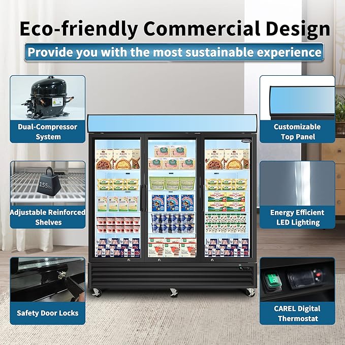 81" Commercial Upright Freezer with 3 Glass Door, 70 Cu.Ft Display Freezer Upright, -8~-1℉, Reach-in Fan Cooling Freezer with 8 Shelves & LED Top Panel for Restaurant Diner Bar, ETL Approved
