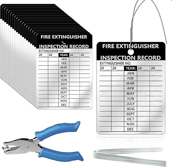 25 Pcs Waterproof Fire Extinguisher Inspection Tags 2.3 x 3 Inch Metal Aluminum with Wires and Handheld Hole Puncher Durable Metal Fire Tags for Monthly Fire Safety Check Indoor Outdoor Writeable (25)