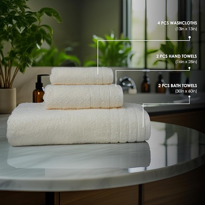 8 Piece Towel Set, 2 XL Bath, 2 Hand, 4 Washcloth, Cream | 100% Cotton - Image 8