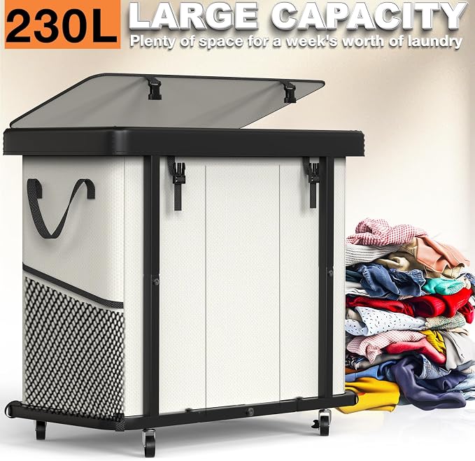 Laundry Basket with Wheels, 230L Laundry Sorter 3 Section - Image 3