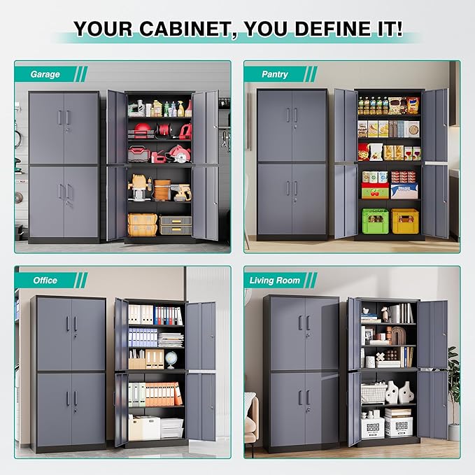 SISESOL Metal Storage Cabinets with Doors and Shelves,71" Metal Garage Storage Cabinet with Lock,Gray Steel Cabinet with Locking Doors,4 Door Lockable Cabinets for Garage,Home,Office