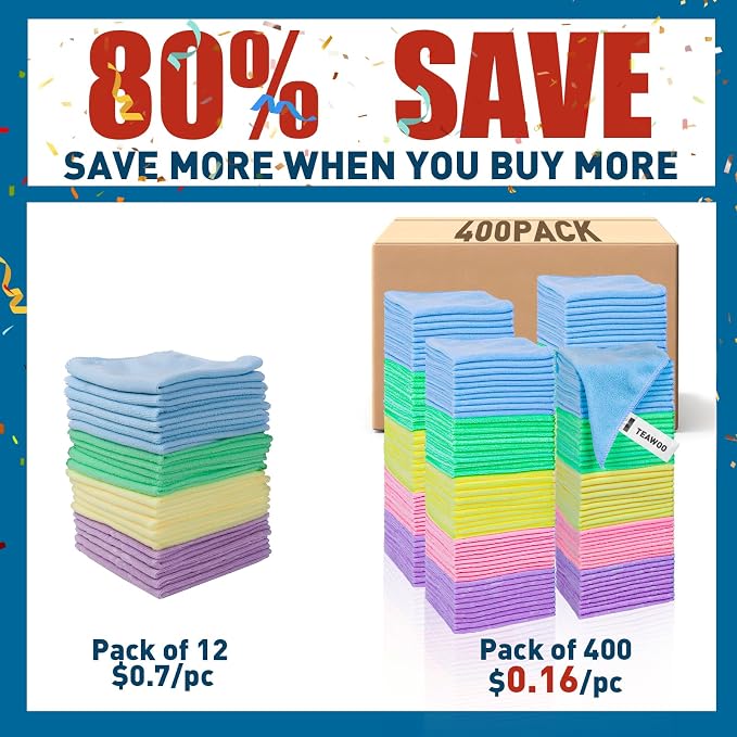 TEAWOO Microfiber Towels Bulk-400 Pack, Cleaning Cloths | Microfiber Towels - Image 2