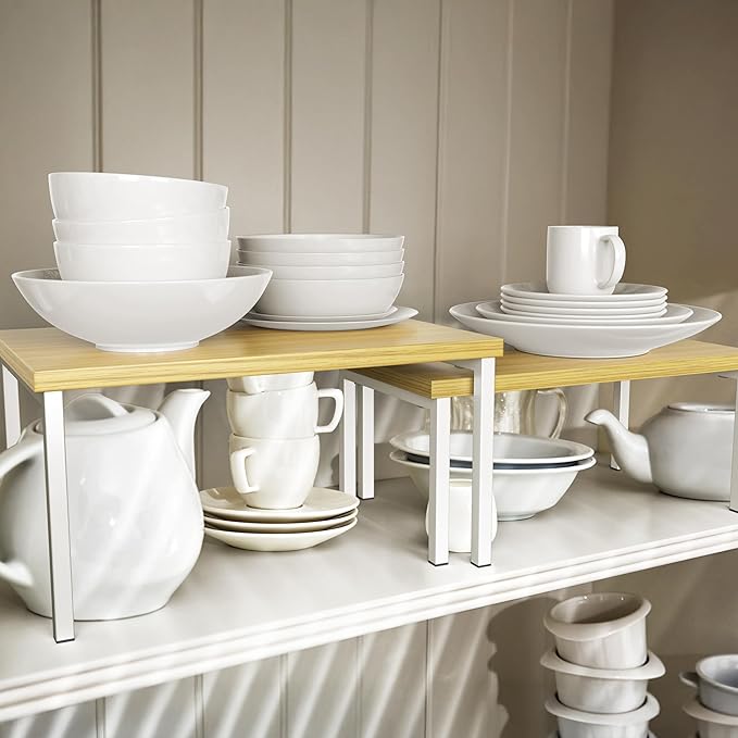 Simple Houseware Expandable Stackable Cabinet and Counter Shelf Organizer with Wooden Surface, 7.6'' D x 11.75'' W x 6.1'' H, Oak