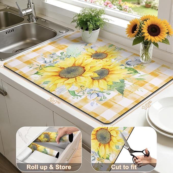 LOKHOM 18"x24" Dish Drying Mat，Sunflower Coffee Mat | Vintage Floral Prints - Image 3
