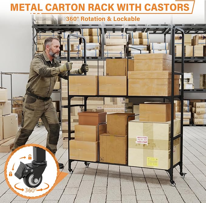 2-Tier Carton Stand, Metal Cardboard Box Organizer, Rolling Cardboard Box Stand, Heavy Duty Carton Storage Cart with Dividers, Shipping Boxes Cart with Wheels for Commercial Home Supermarket Warehouse