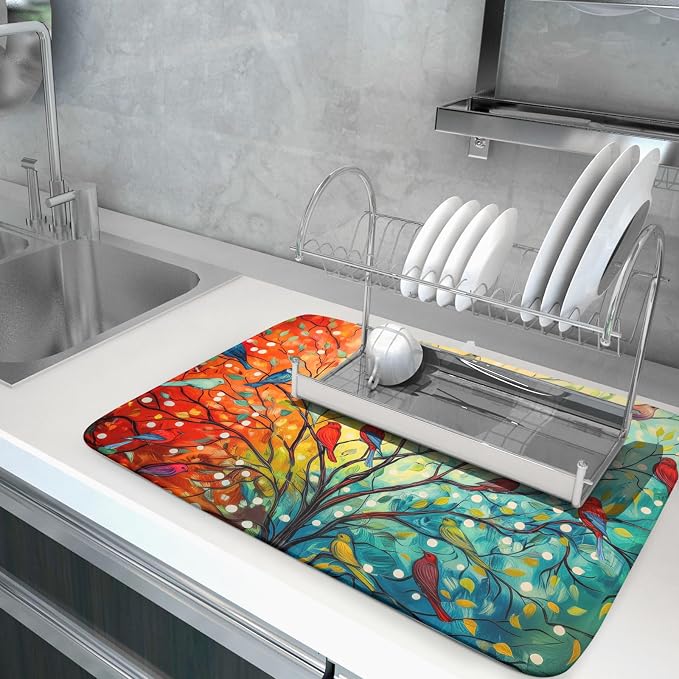 Dish Drying Mat for Kitchen Counter 18x24 Inch Summer Floral Birds Kitchen - Image 5