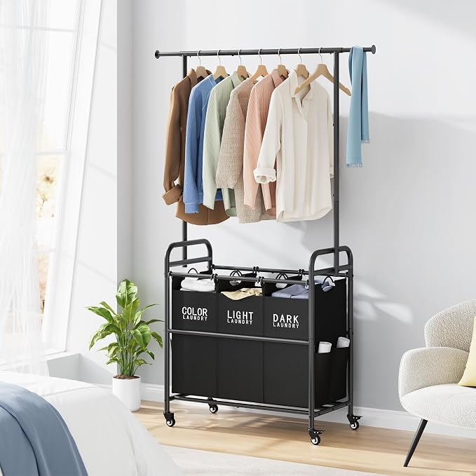 Tajsoon Laundry Sorter with Hanging Bar, 3 Section Laundry Hamper - Image 8