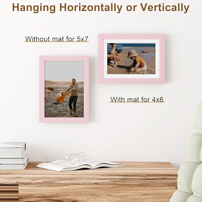Vittanly 5x7 Picture Frame, Solid Wood Frame with Plexiglass, Includes 4x6 Mat, Wall Hanging or Tabletop for Home Decor, Pale Pink, 1 Pack