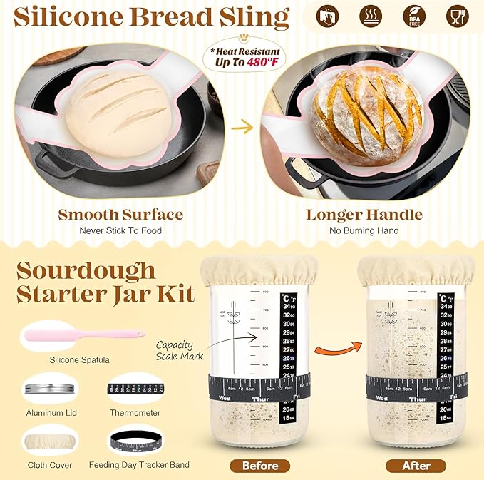 Sourdough Starter Kit, Sourdough Bread Baking Supplies, Sour Dough Starter Kits, Pink Sourdough Kit, Baking Gifts for Women, Bread Proofing Basket, Sour Dough Bread Making Kit Tools Baking Set