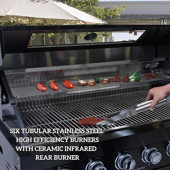 82 Inches 6-Burner 85,000 BTU Deluxe Stainless Steel Propane Gas Grill Outdoor Kitchen Island,Sink,Beverage Refrigerator Storage & Rotisserie Kit for Patio Backyard,Black