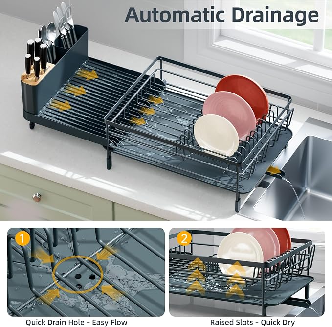 Urackify Extendable Dish Rack, 18.5"-26.7" L x 12.7" W, Dark Slate Gray | - Image 4