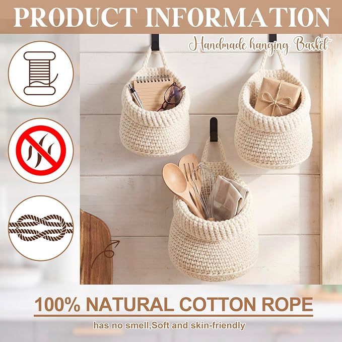 Honeydak 3 Hanging Baskets, Cotton Rope - Image 4