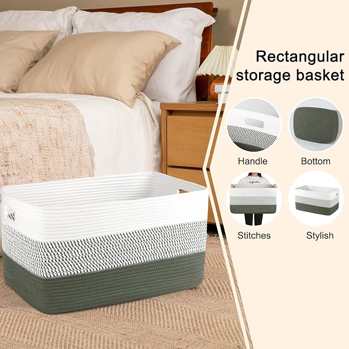 OIAHOMY Blanket Basket Laundry Basket Dog Toy Basket 75L Green/White - Image 5