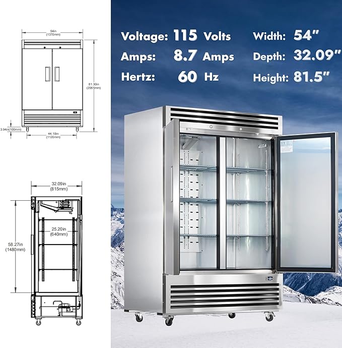 HECMAC 54" Commercial Freezer, 49 Cu.ft Reach-In Upright Fridge with 2 Solid Door, -8~0℉,18-8 Stainless Steel Interior, 6 Shelves, ETL&NSF/ANSI 7 for Restaurant, Bar, Shop, Kitchen Use