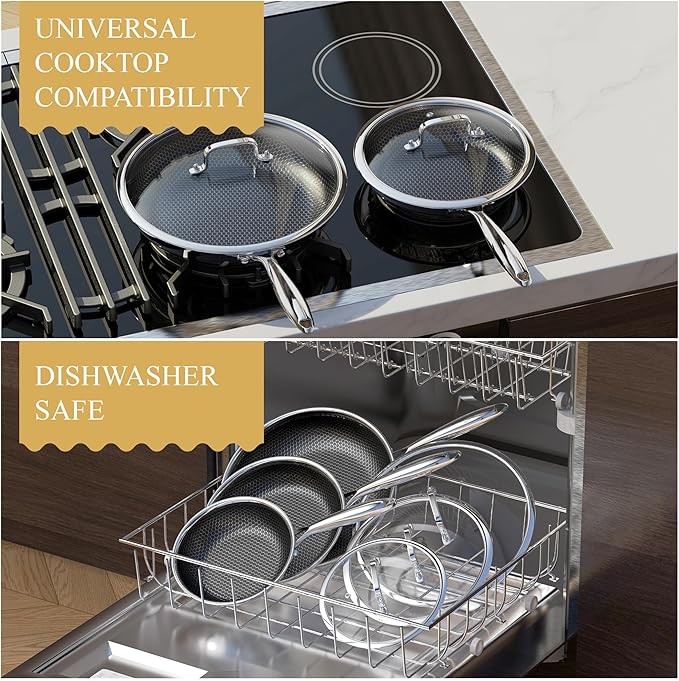 Bielmeier 8, 10, 12 Inch Nonstick Frying Pan with Tempered Glass Lid,6-Piece Set Stainless Steel Flat Bottom Frying Pan for Gas, Electric & Induction Cooktops, Dishwasher Safe