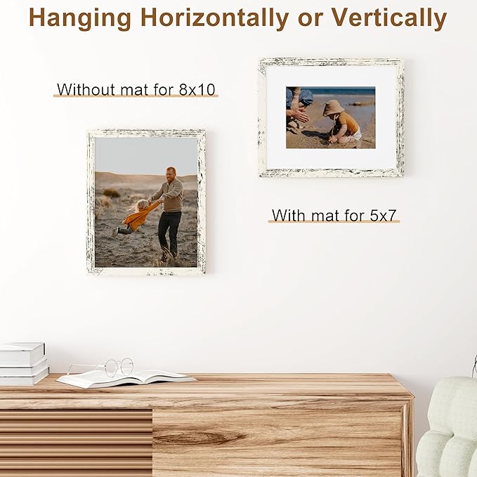 Vittanly 8x10 Picture Frame, Solid Wood Frame with Plexiglass, Includes 5x7 Mat, Wall Hanging or Tabletop for Home Decor, Distressed White, 1 Pack