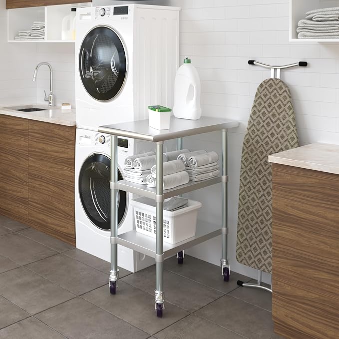 AmGood Stainless Steel Work Table with 2 Shelves and Casters | Metal Utility Table On Wheels (Stainless Steel Work Table with 2 Shelves + Casters, 18" Long x 30" Deep)