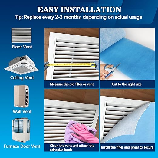 MERV 8 Air Vent Filters, 14" x 140"Cut to Fit Air Filter Material (80+ Filters),Electrostatic Triple Vent Filter for Floor, Ceiling, HVAC & RV Vents, Includes 48 Adhesive Hook Tape