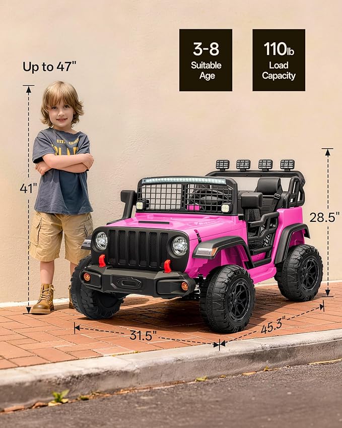 2 Seater Ride on Car Toy, 12V Electric Car for Kids 4-8 with Remote Control, Capacity 110 lb, LED Light - Pink