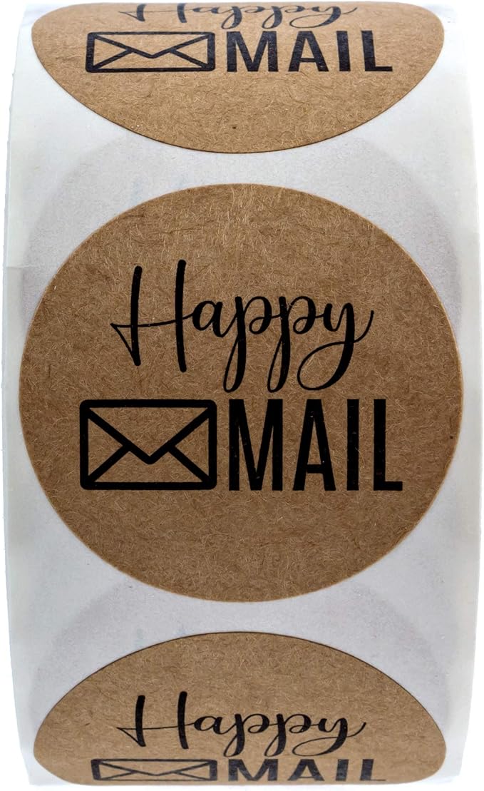 1.5" Round Brown Kraft Happy Mail Stickers / 500 Happy Labels/Kraft Envelope Seals/Made in The USA