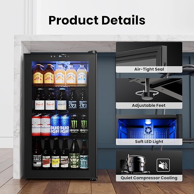 Yeego Beverage Refrigerator Cooler, 130 Cans Mini Fridge with Glass Door Beverage Fridge with Adjustable Shelves for Soda Beer or Wine, Beverage Cooler with Digital Temperature Control for Home Office