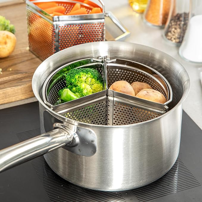 Restaurantware Steamer Basket for Cooking Pot 3-Piece Stainless Steel Trio Separator Perforated Steam Basket Divider for Cooking Veggies, Dumplings, Eggs, Seafood, Pasta, Pressure Cooker