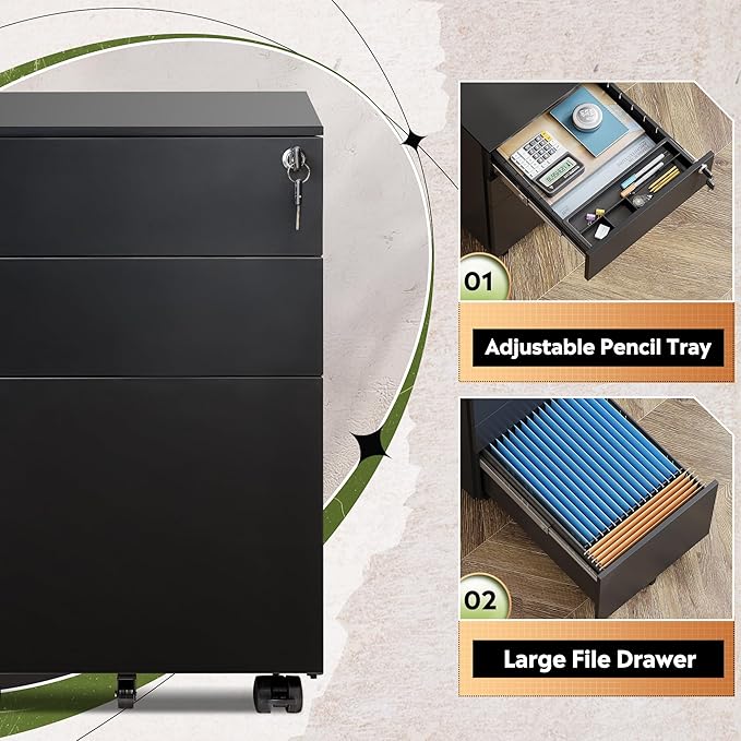 DEVAISE 3 Drawer File Cabinet with Lock, Rolling Black Filing Cabinet Organizer Under Desk, Fully Assembled Mobile Storage with Wheels & Anti-Tip Caster, for Home Office