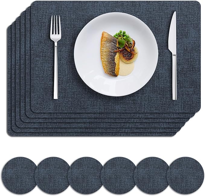 MOSAYT Faux Leather Placemats Set of 6, Heat Resistant Wipeable Washable Vinyl Place Mats with Coasters, Waterproof Oil Proof Table Mats for Kitchen Dining Party Outdoor, 12" x 17", Navy Blue