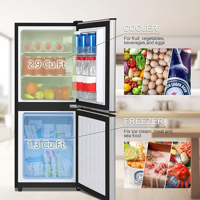 Small Fridge with Freezer 4.2 Cu.Ft., Mini Fridge and Freezer for Dorm with Adjustable Thermostat, Apartmet Size Refrigerator Compact Refrigerator for Kitchen, Dorm, Office, Silver