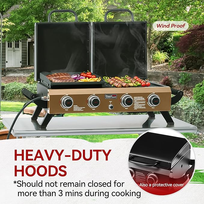 GD4002TPY Portable Tabletop Grill & Griddle Combo with Hood, 4-Burner Portable Propane Gas Grill Griddle Combo for Backyard, Camping, Picnicking and Tailgating, 40,000 BTU, Bronze Gold