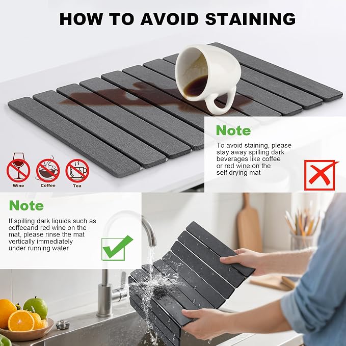 Stone Drying Mat for Kitchen Counter, Quick Diatomaceous Earth Mats for Dishes - Image 6